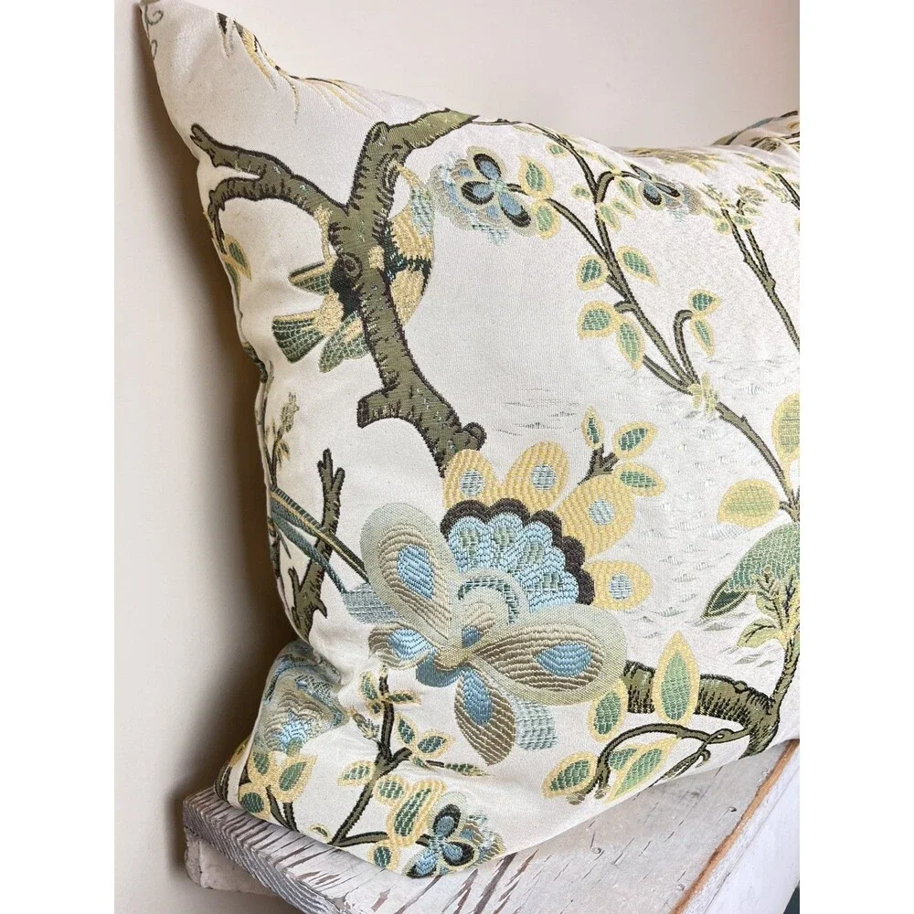 Vintage Hollywood Regency Peacock Flowers And Birds Pillow 22”x22” Estate Decor
